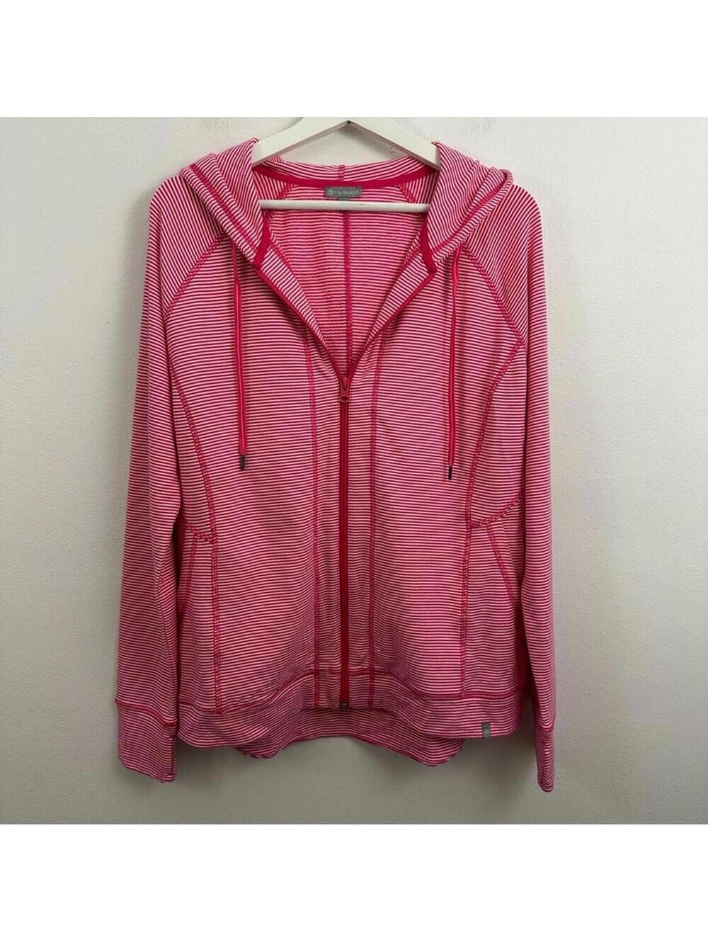 T by Talbots Women's Pima Pink White Striped Zip Up Hooded Jacket Size M